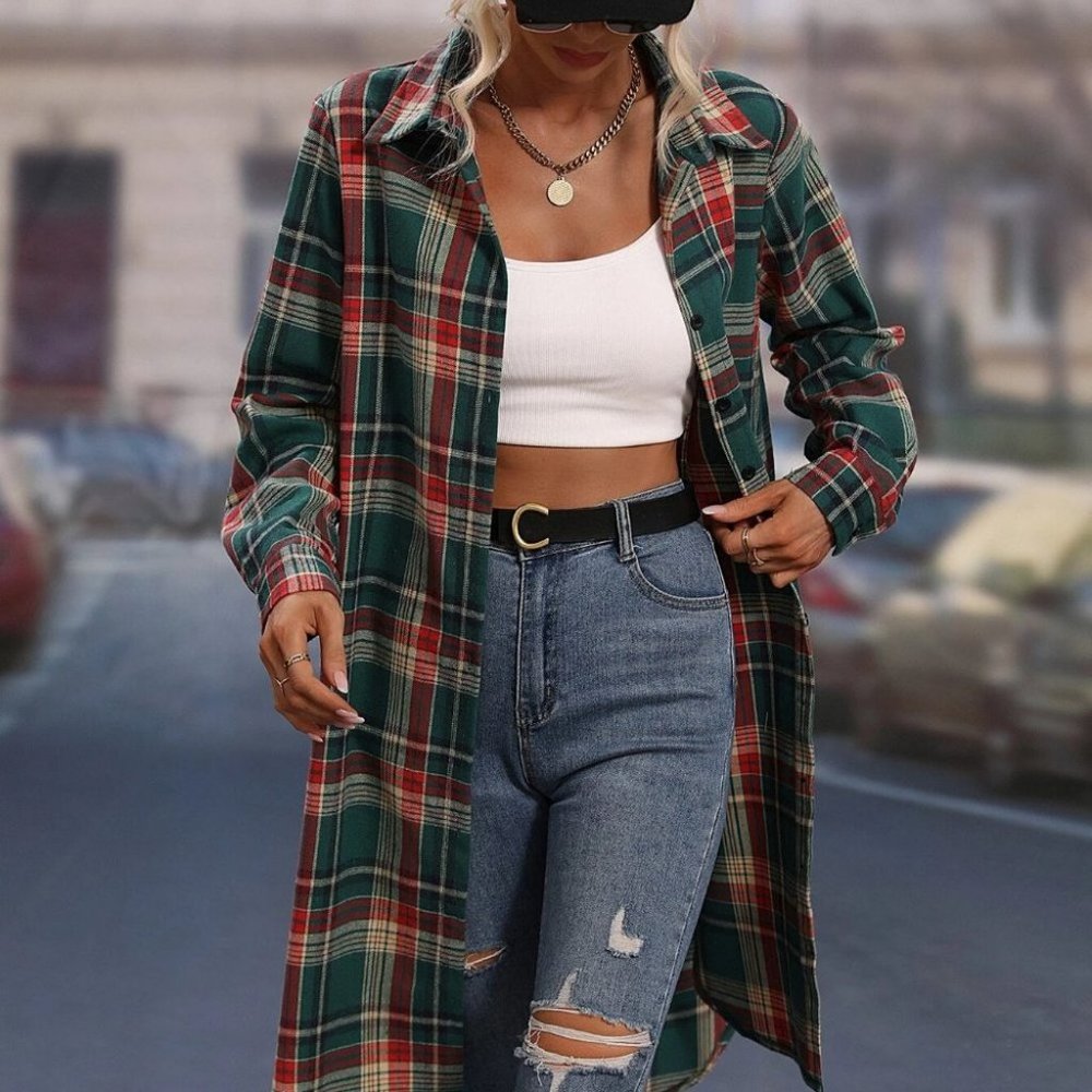 Multicolor Plaid print button down casual shacket jacket - Picture 3 of 4